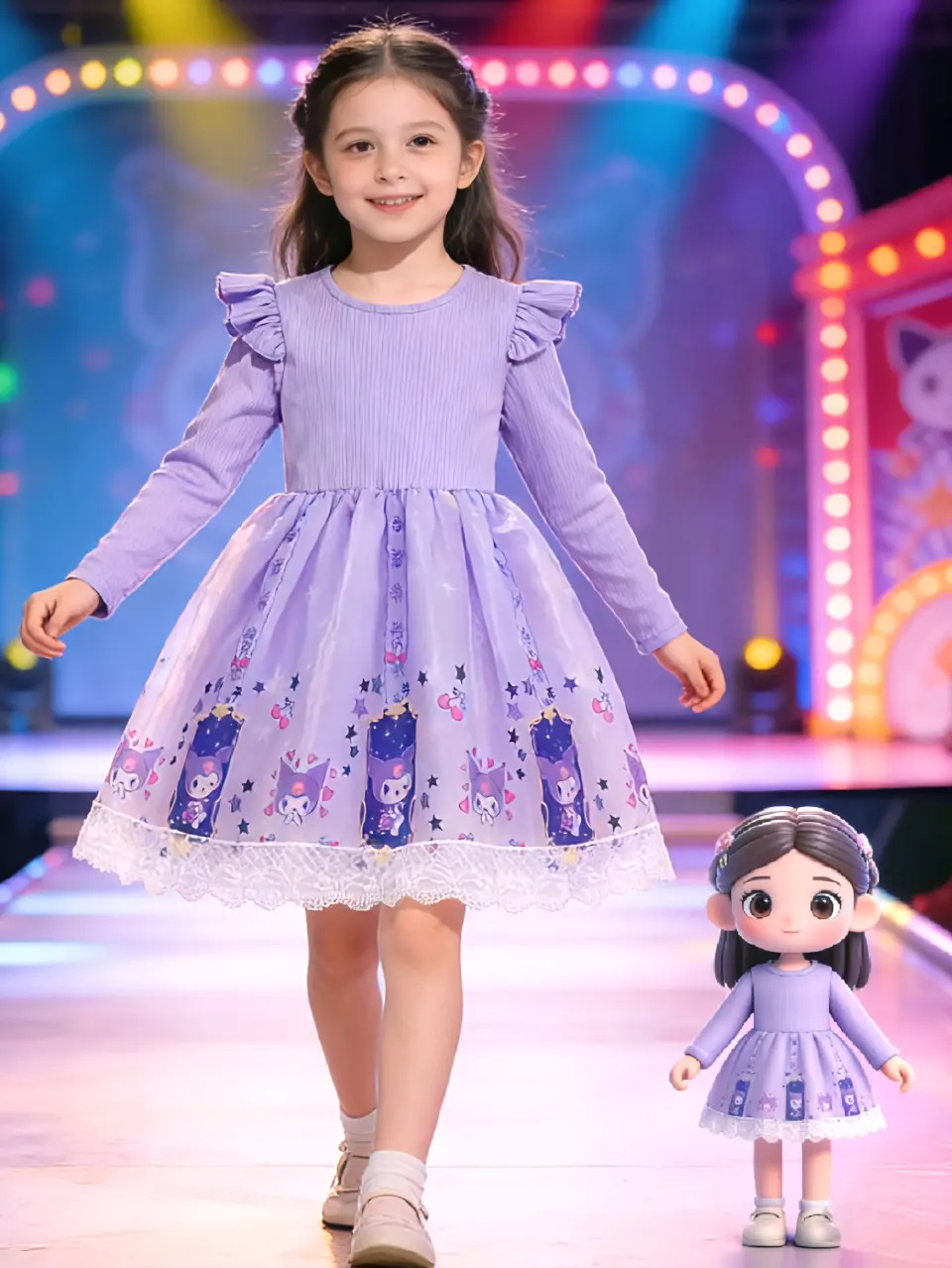 Girls Purple Kuromi Print Ribbed Tulle Dress by LUNORIANA
