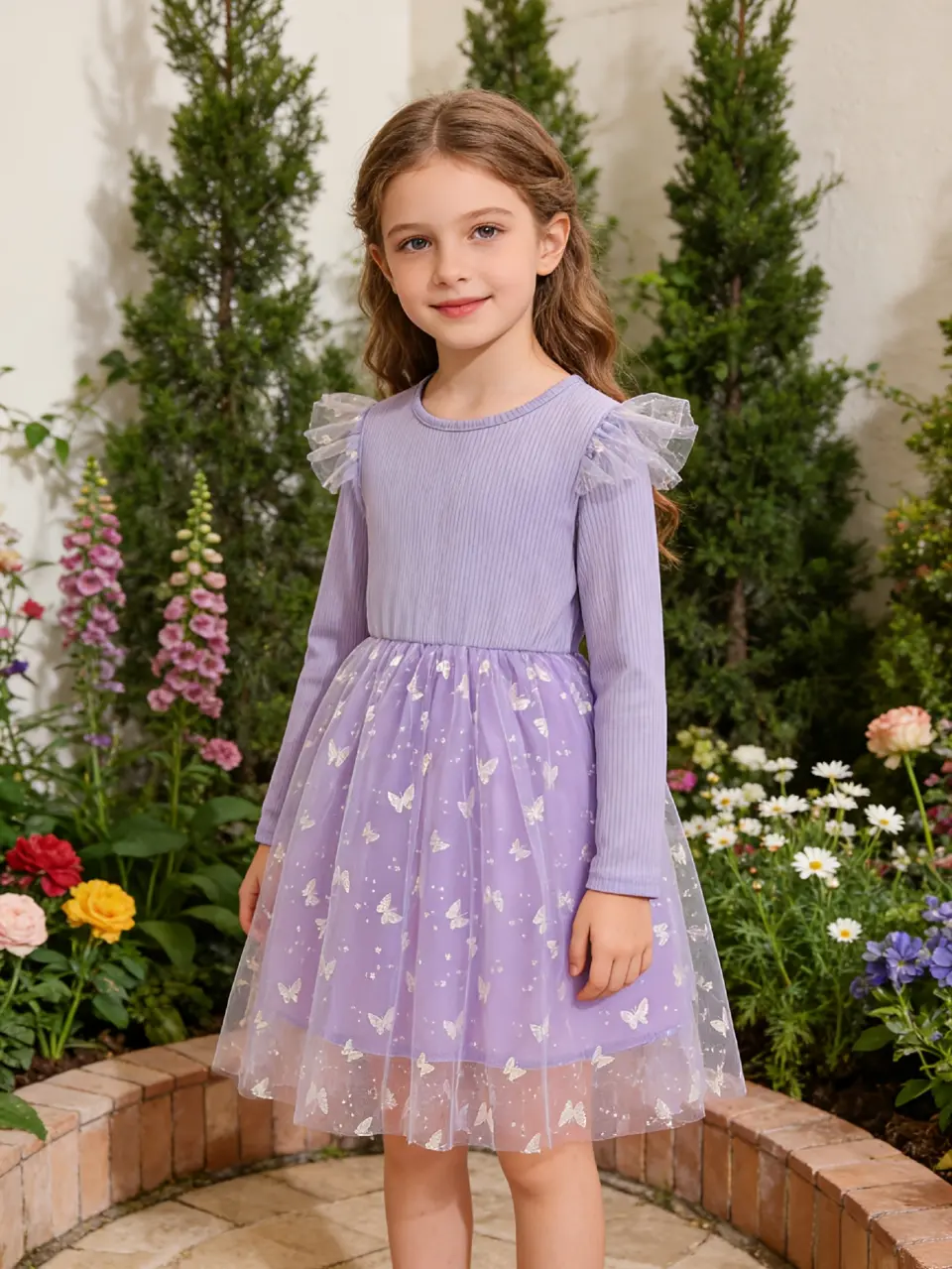 Girls Butterfly Print Long Sleeve Tulle Dress by LUNORIANA