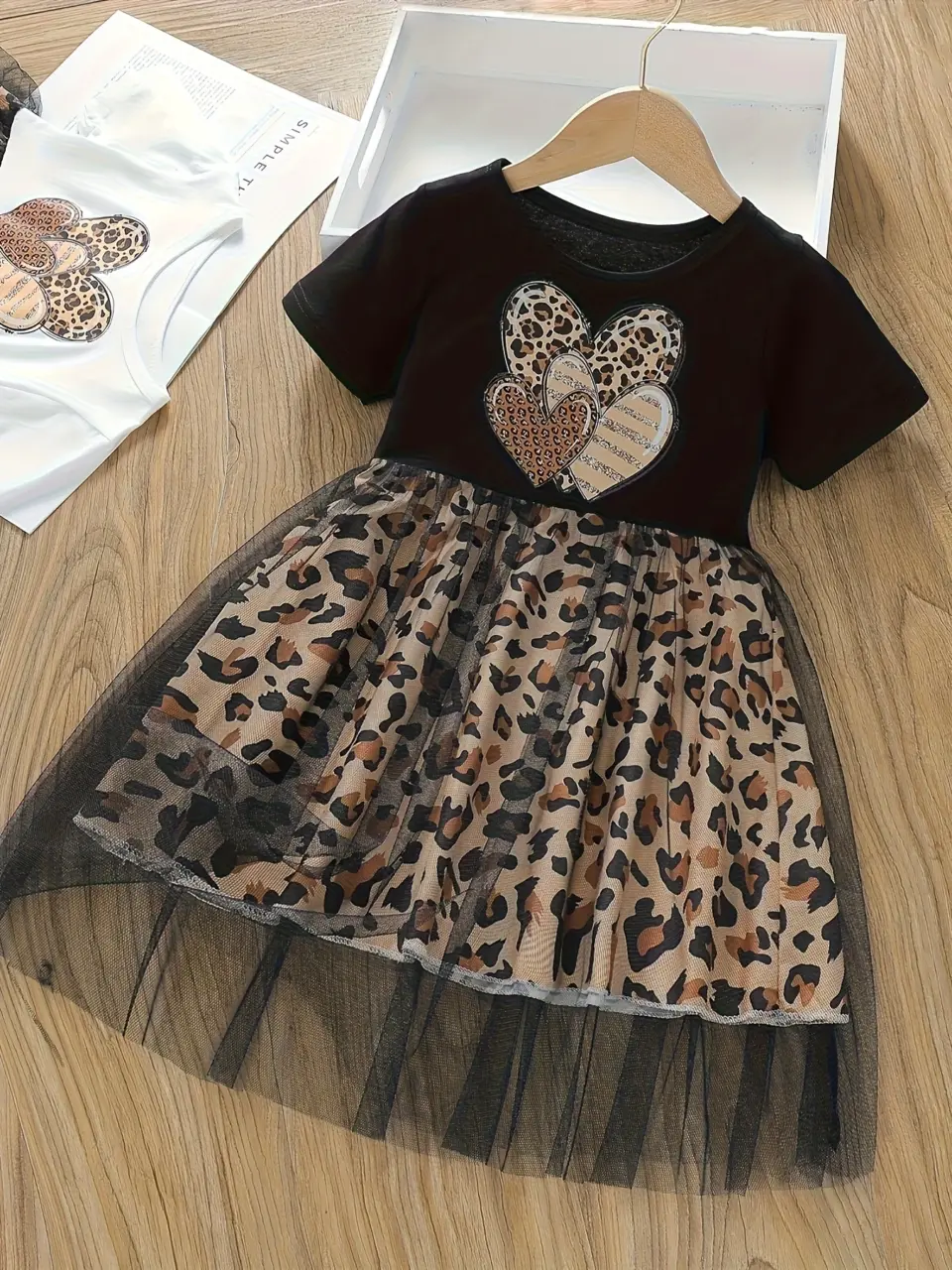 Girls Leopard Heart Print Short Sleeve Tulle Dress by LUNORIANA