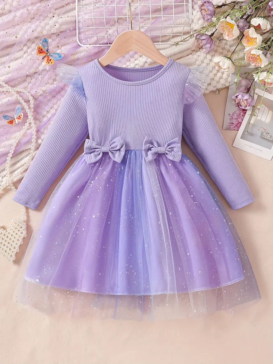 Girls Double Bow Long Sleeve Tulle Dress by LUNORIANA