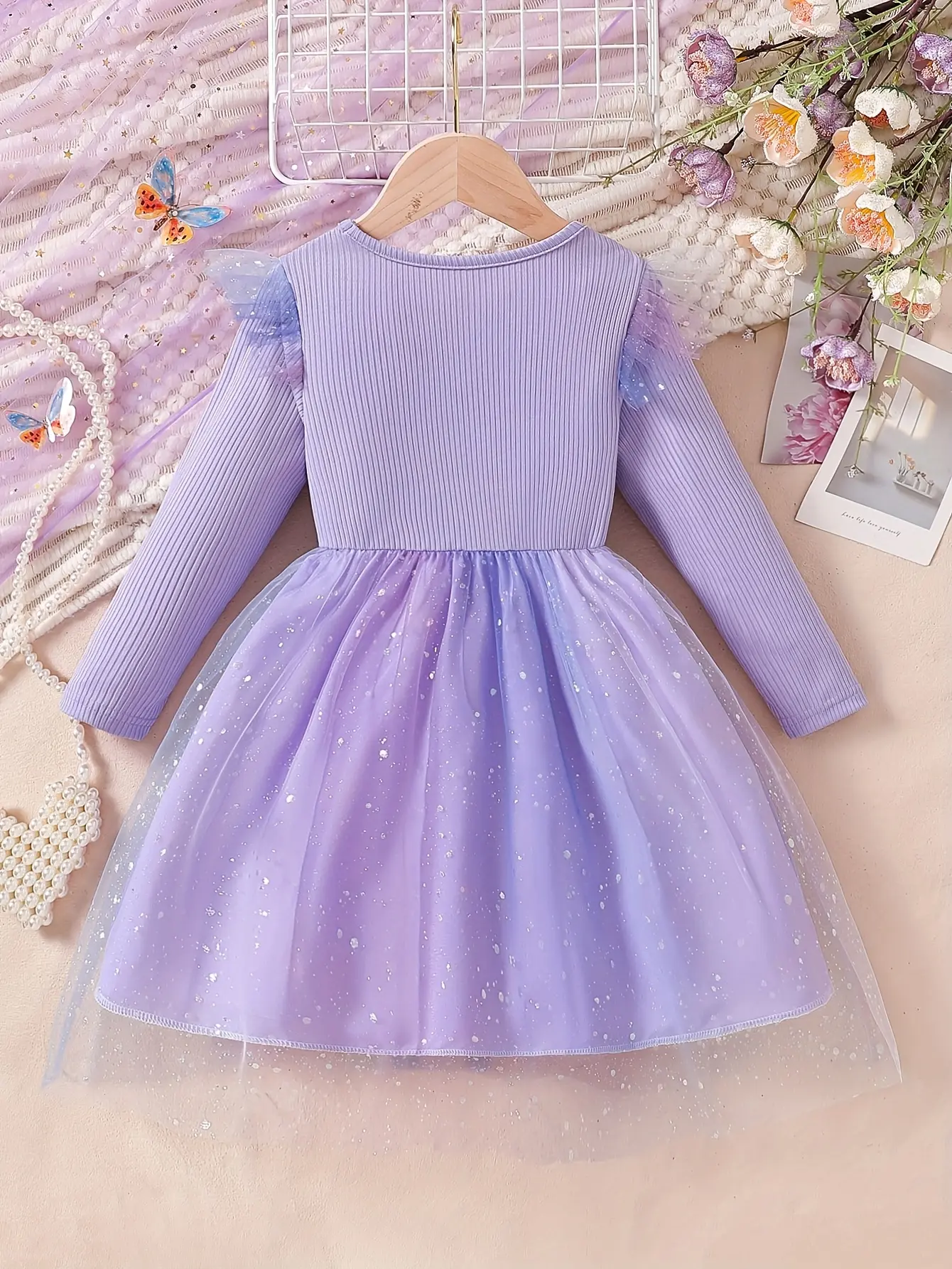 Detail 1 of Girls Double Bow Long Sleeve Tulle Dress by LUNORIANA