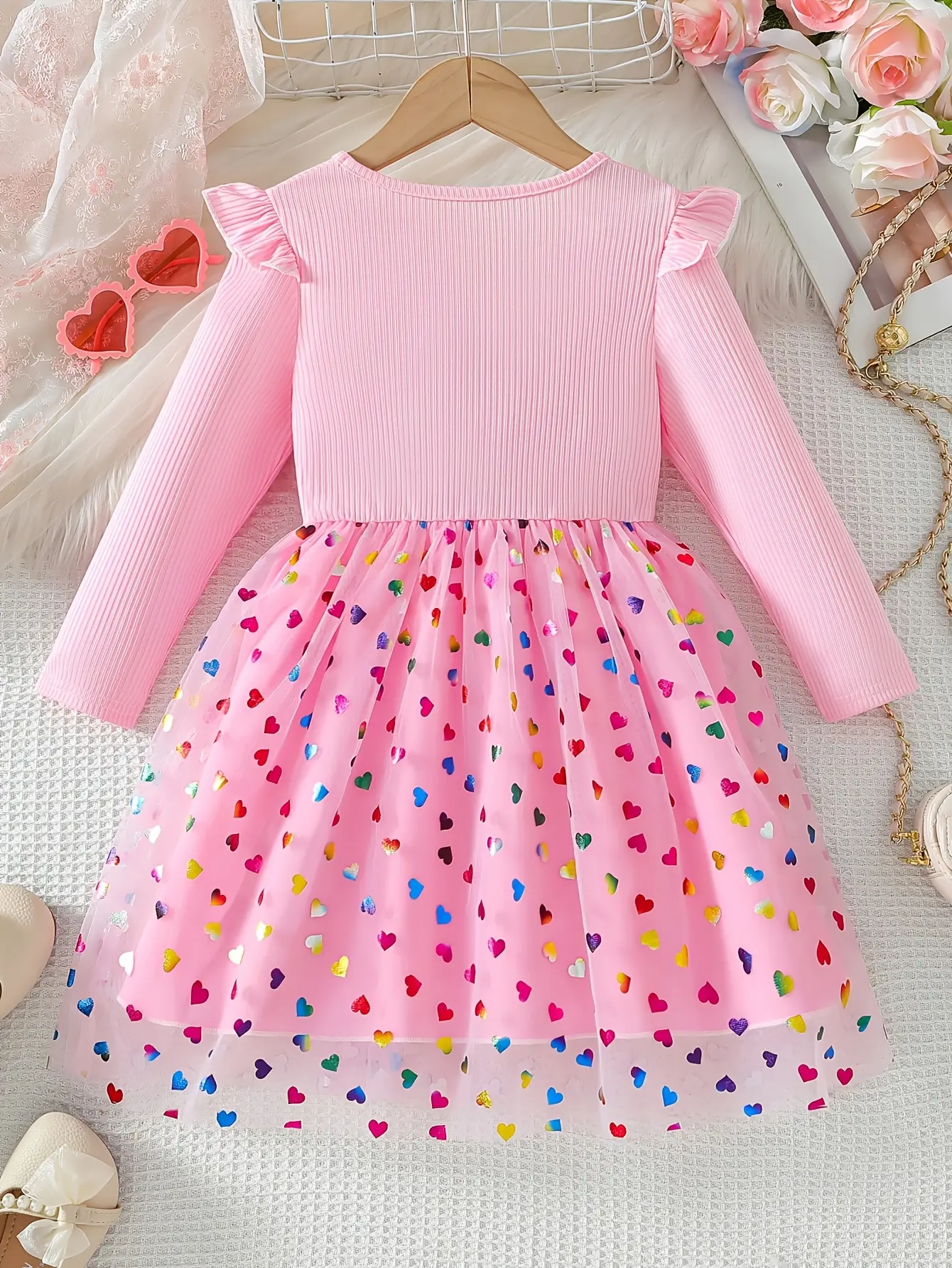 Girls Pink 67 Graphic Heart Tulle Dress gallery view