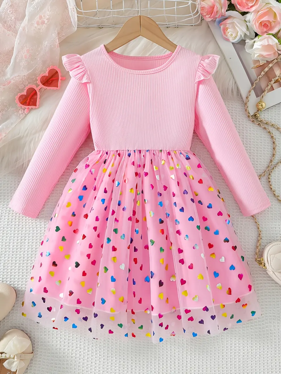 Girls Pink Heart Tulle Dress with Ribbed Long Sleeves by LUNORIANA
