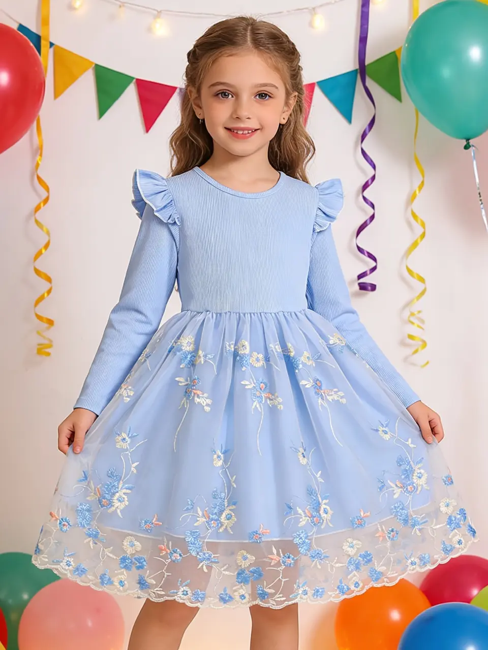 Girls Floral Embroidered Tulle Dress with Long Sleeves by LUNORIANA