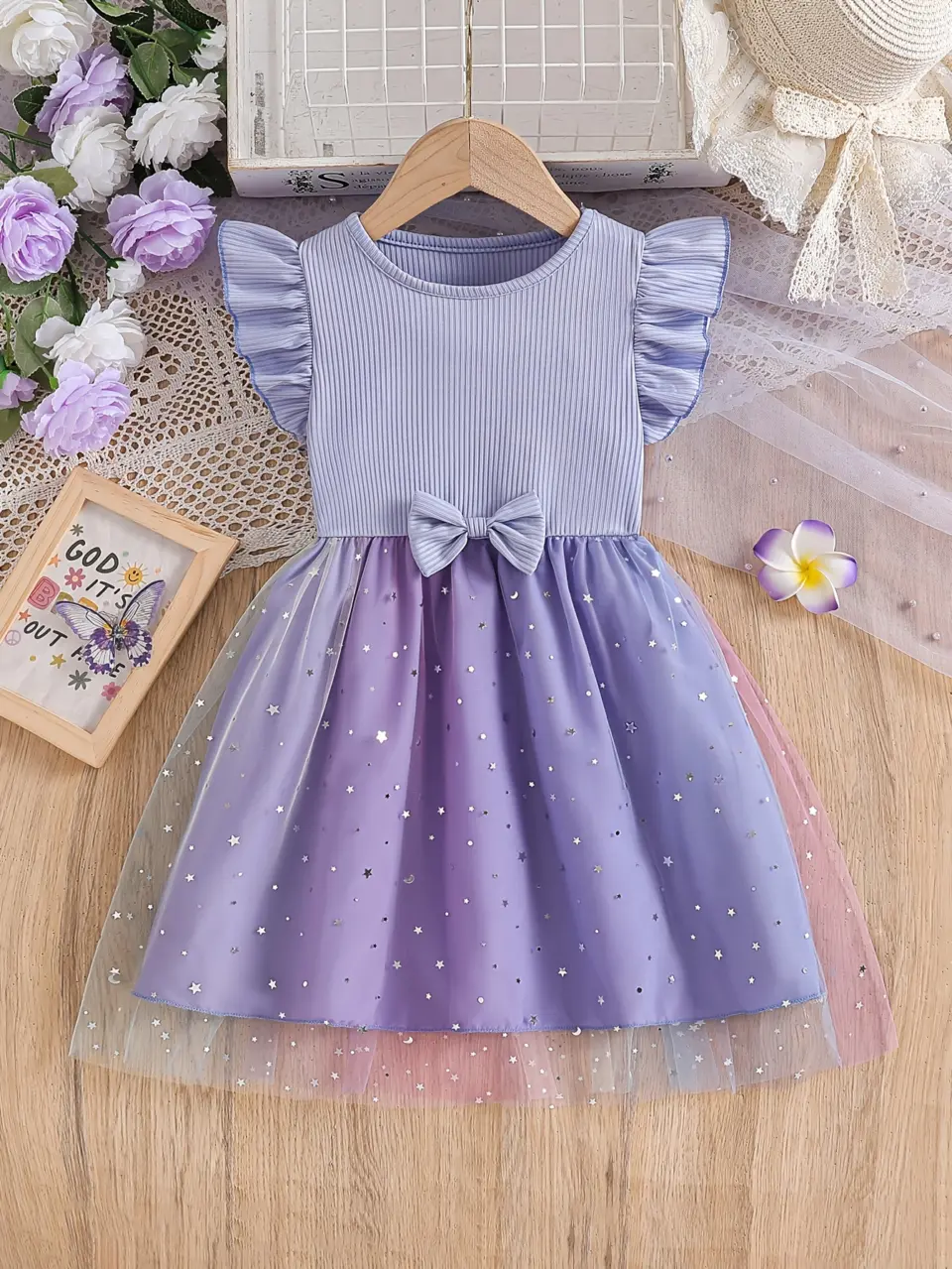 Girls Short Sleeve Star Moon Sequin Tulle Dress by LUNORIANA