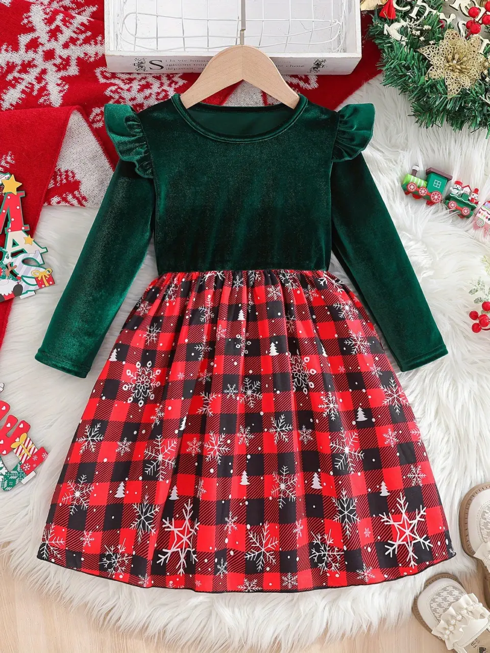 Girls Velvet Snowflake Plaid Christmas Dress by LUNORIANA