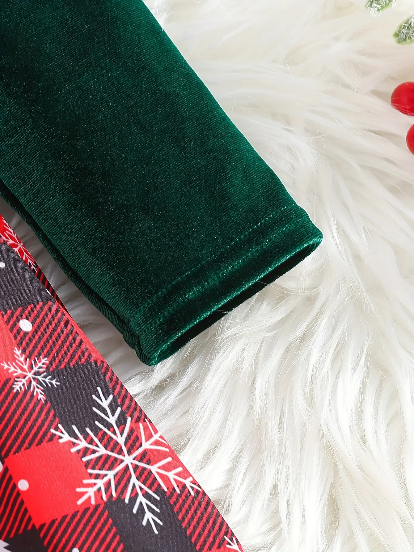 Detail 4 of Girls Velvet Snowflake Plaid Christmas Dress by LUNORIANA