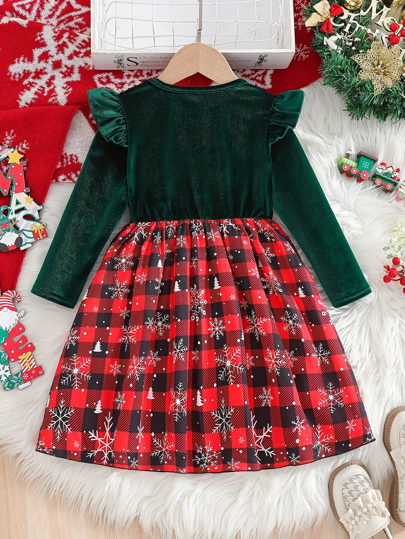 Detail 1 of Girls Velvet Snowflake Plaid Christmas Dress by LUNORIANA