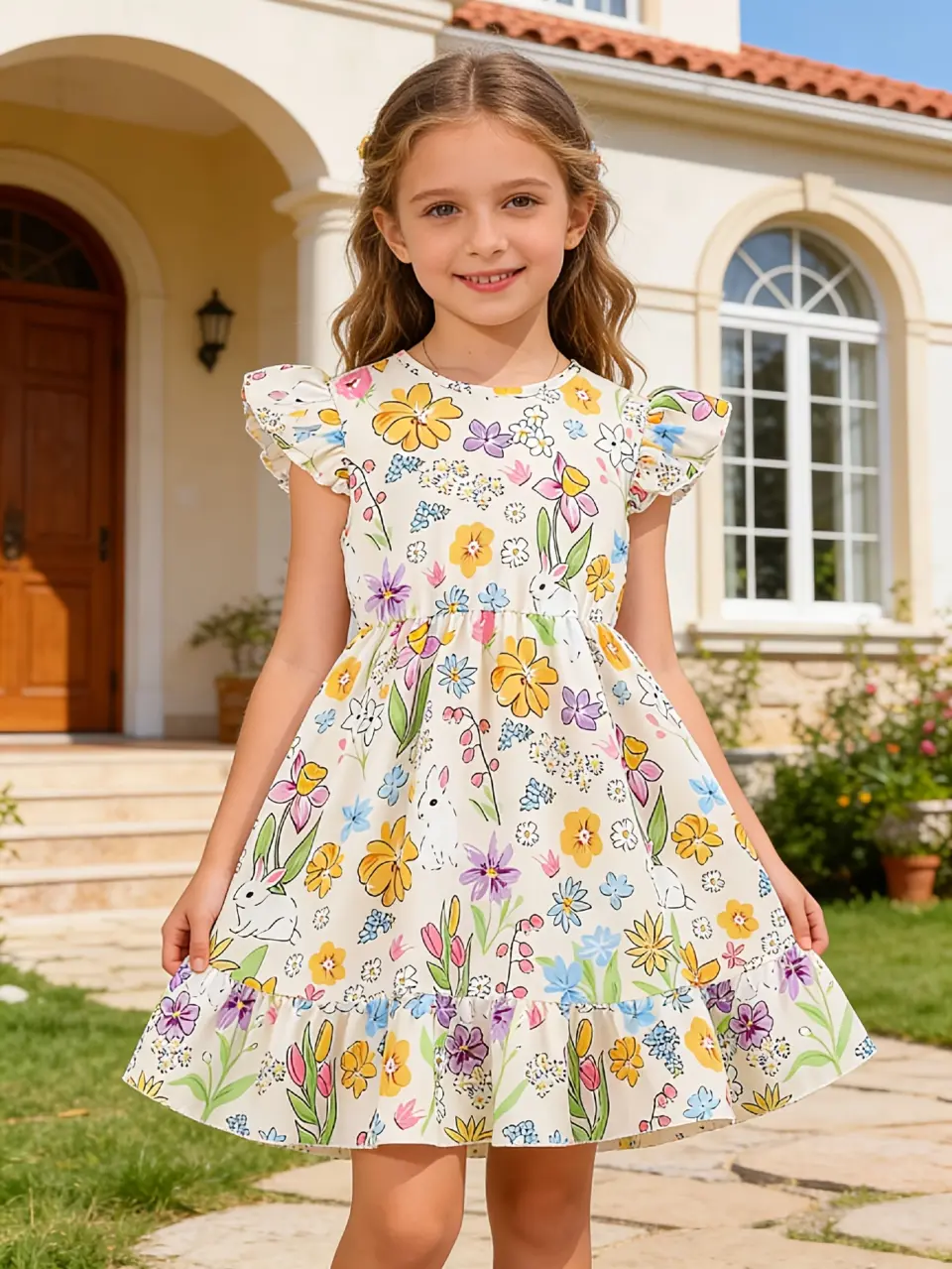 Detail view of Girls Floral Bunny Vacation Dress with Back Bow by LUNORIANA