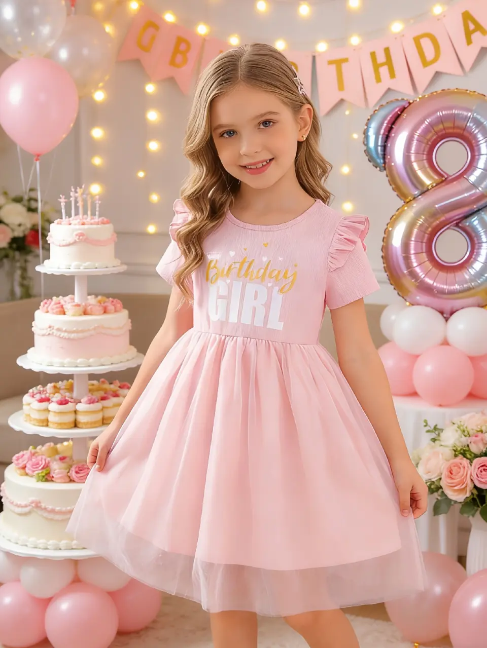 Girls Letter Graphic Ribbed Tulle Dress by LUNORIANA