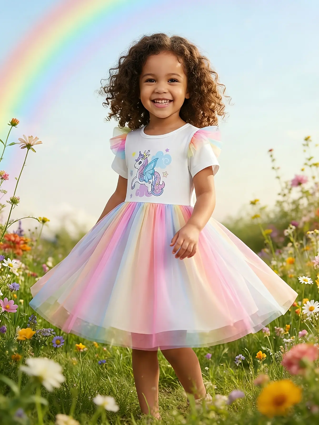 Detail 2 of Girls Unicorn Flutter Sleeve Rainbow Tulle Dress by LUNORIANA
