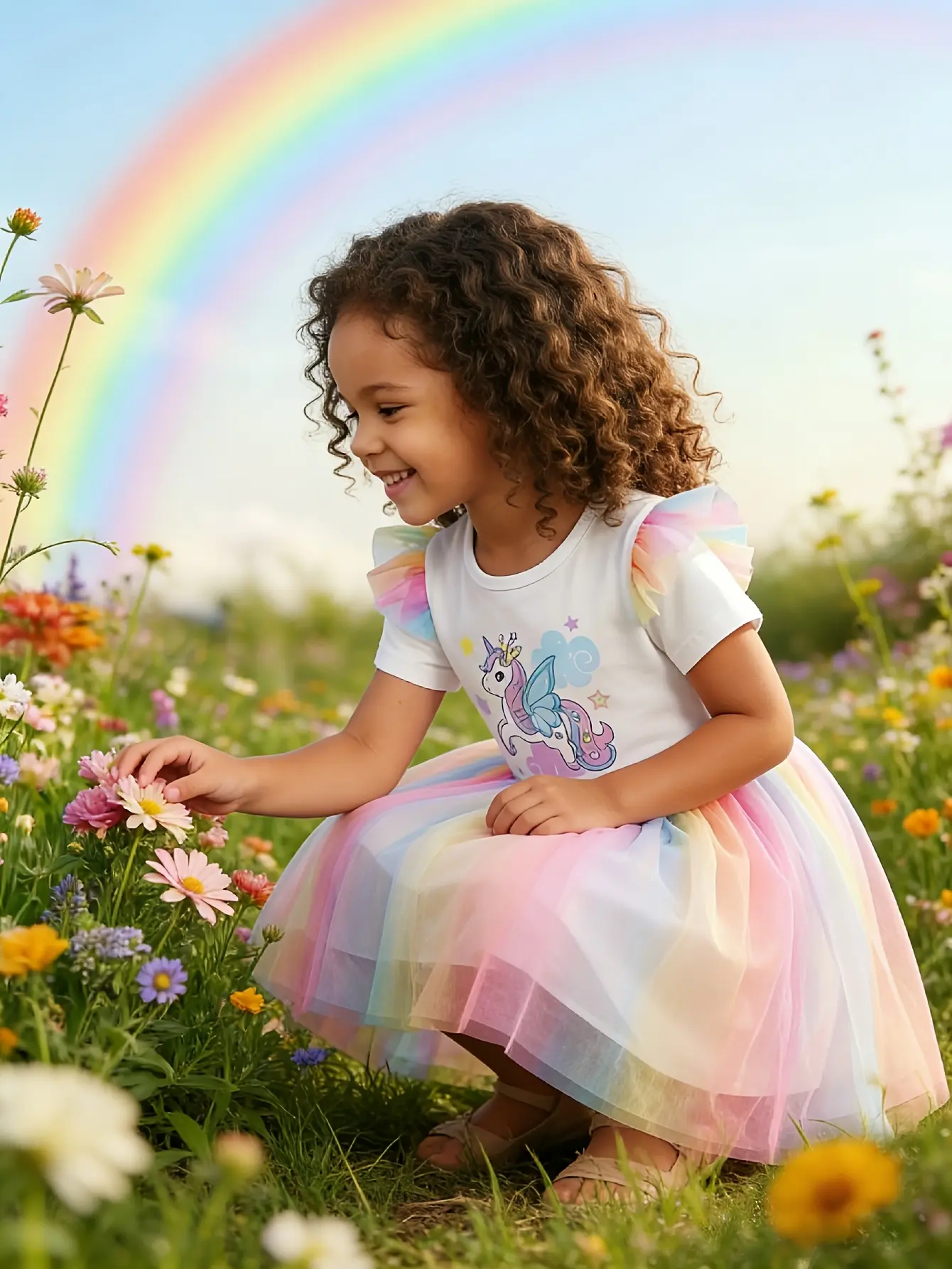 Detail 4 of Girls Unicorn Flutter Sleeve Rainbow Tulle Dress by LUNORIANA