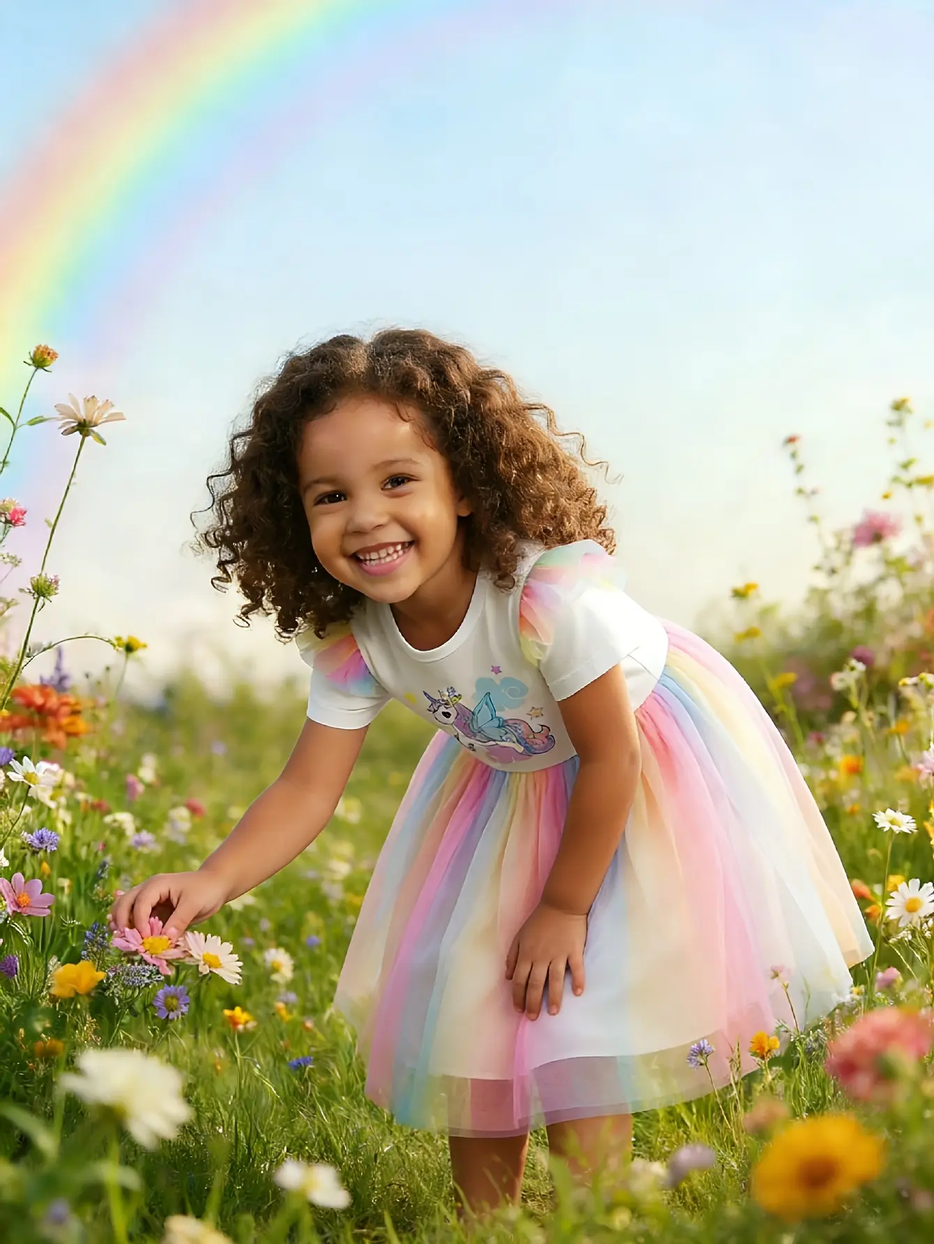 Detail 6 of Girls Unicorn Flutter Sleeve Rainbow Tulle Dress by LUNORIANA