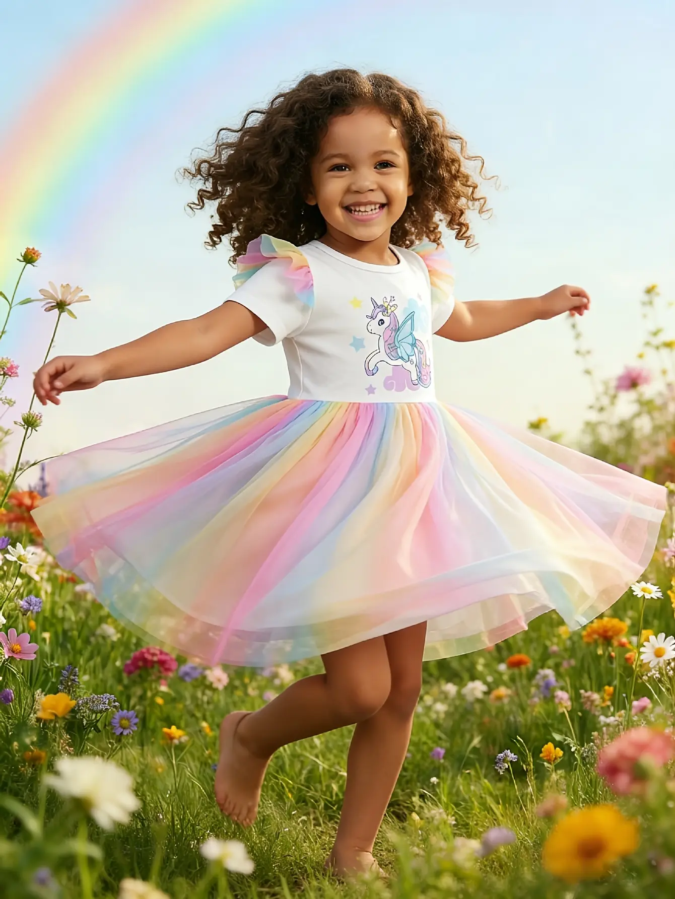 Girls Unicorn Flutter Sleeve Rainbow Tulle Dress by LUNORIANA