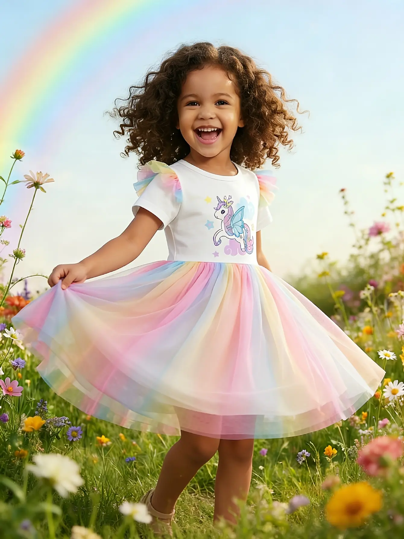 Detail 5 of Girls Unicorn Flutter Sleeve Rainbow Tulle Dress by LUNORIANA