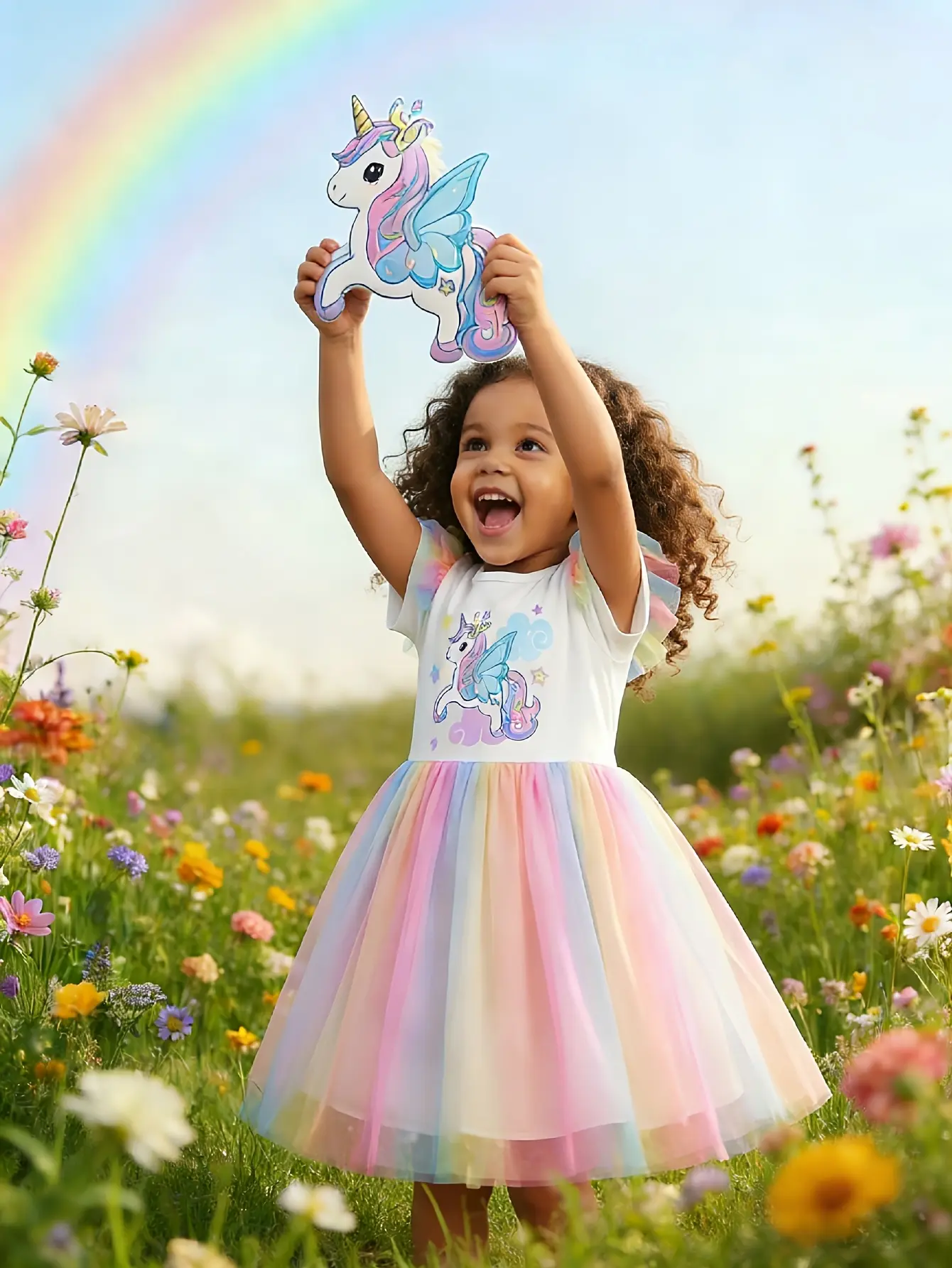 Detail 3 of Girls Unicorn Flutter Sleeve Rainbow Tulle Dress by LUNORIANA