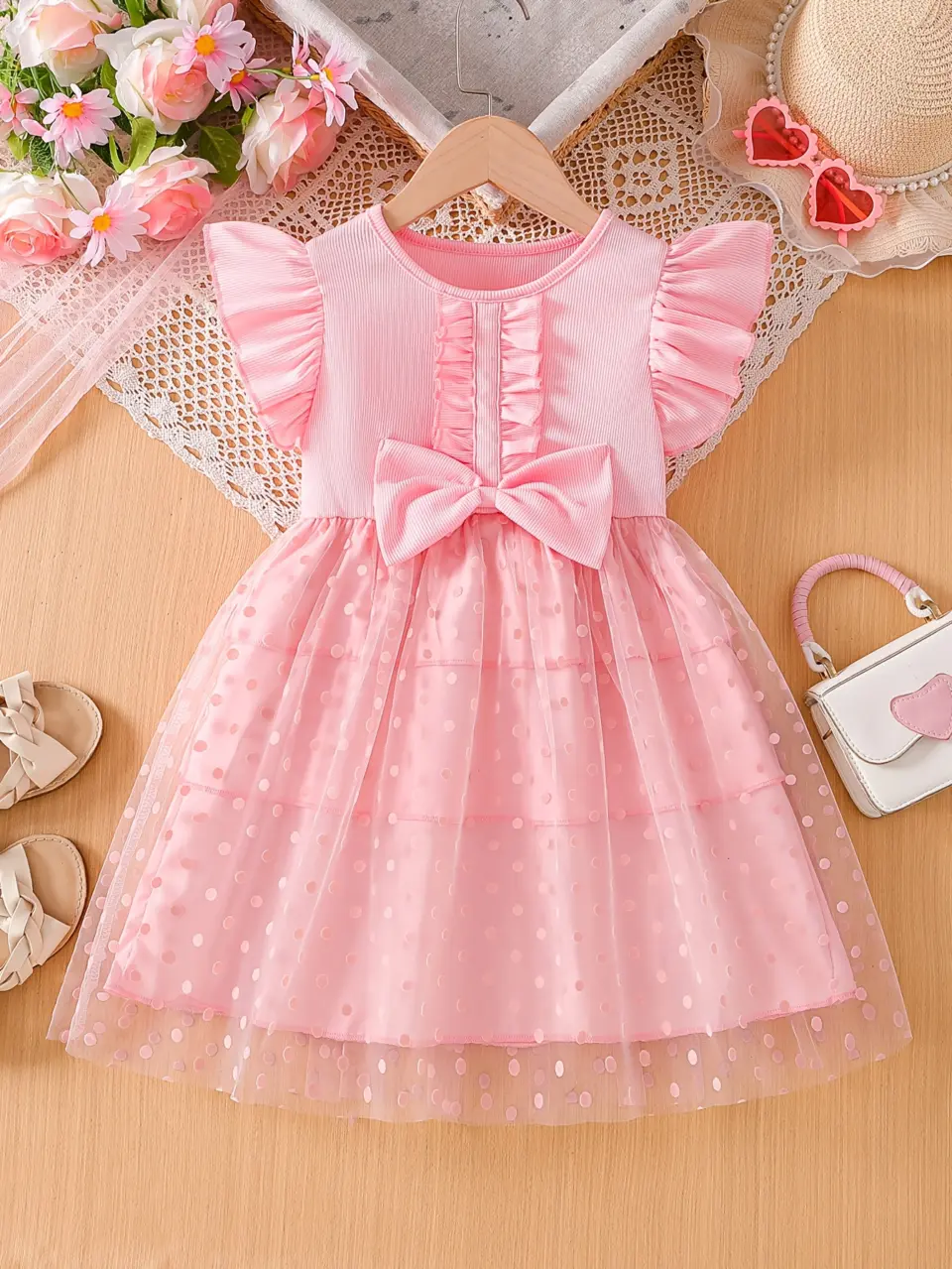Girls Pink Ribbed Polka Dot Tulle Dress by LUNORIANA
