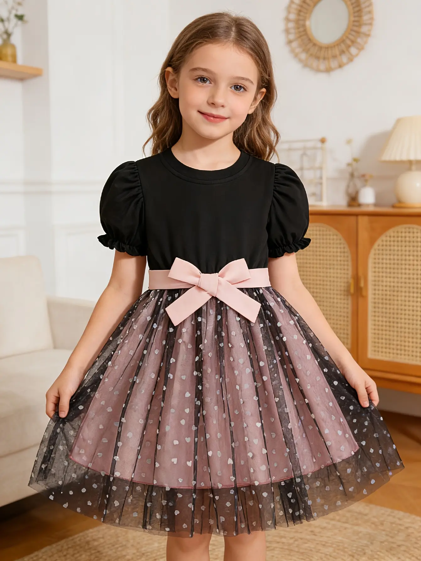 Detail 5 of Girls Black Puff Sleeve Heart Mesh Princess Dress by LUNORIANA