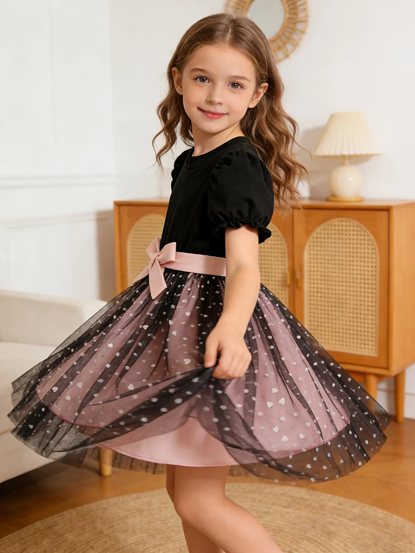 Detail 2 of Girls Black Puff Sleeve Heart Mesh Princess Dress by LUNORIANA