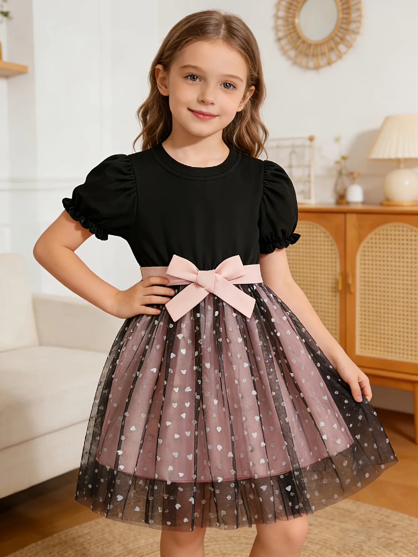 Detail 4 of Girls Black Puff Sleeve Heart Mesh Princess Dress by LUNORIANA