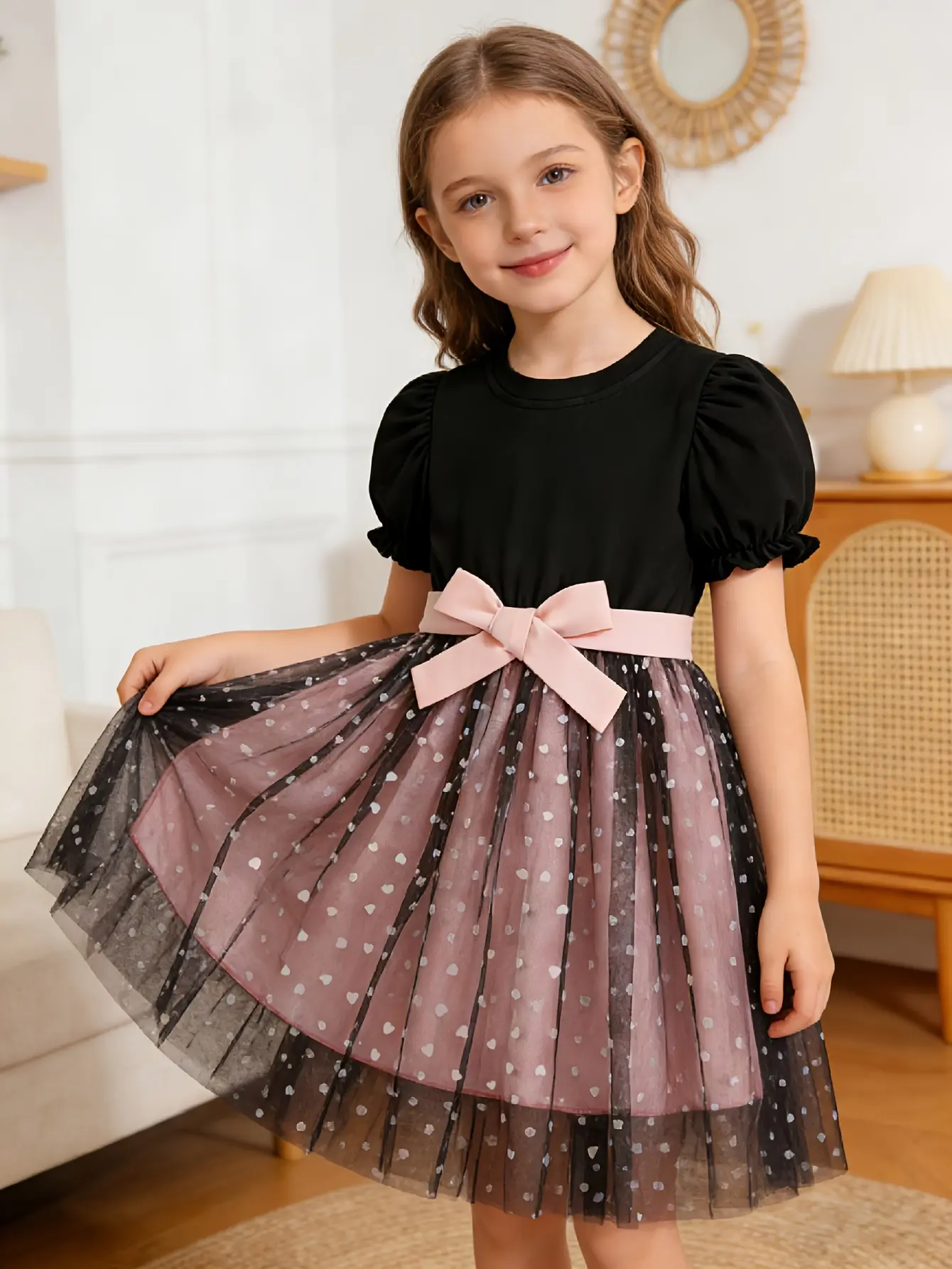 Detail 1 of Girls Black Puff Sleeve Heart Mesh Princess Dress by LUNORIANA