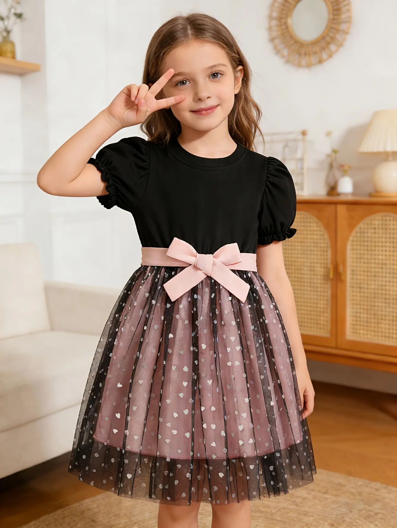 Detail 6 of Girls Black Puff Sleeve Heart Mesh Princess Dress by LUNORIANA