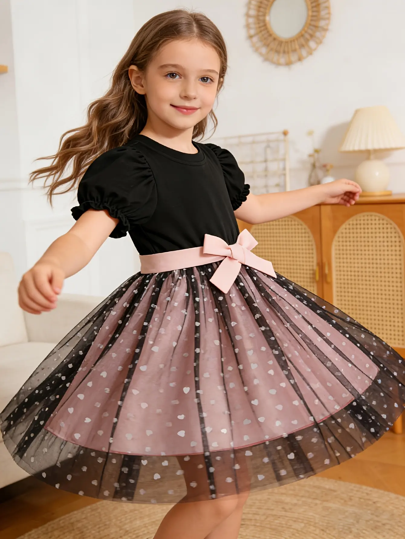 Detail 3 of Girls Black Puff Sleeve Heart Mesh Princess Dress by LUNORIANA