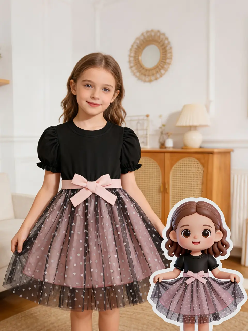Girls Black Puff Sleeve Heart Mesh Princess Dress by LUNORIANA