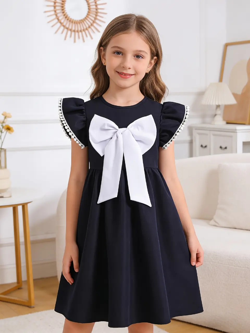 Girls Solid Bow School Dress with Lace Sleeves by LUNORIANA