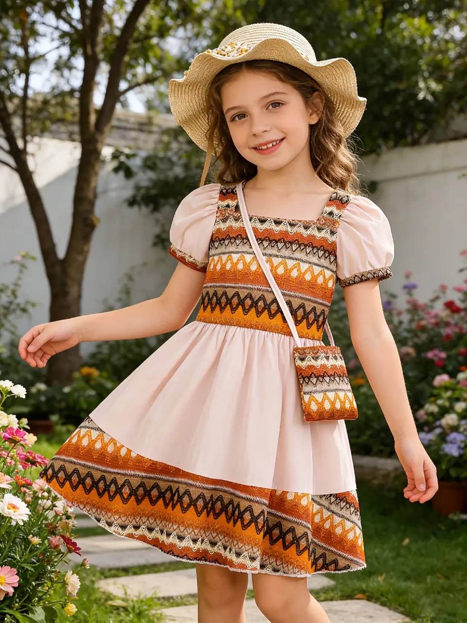 Girls Vintage Boho Patchwork Dress with Crossbody Bag by LUNORIANA
