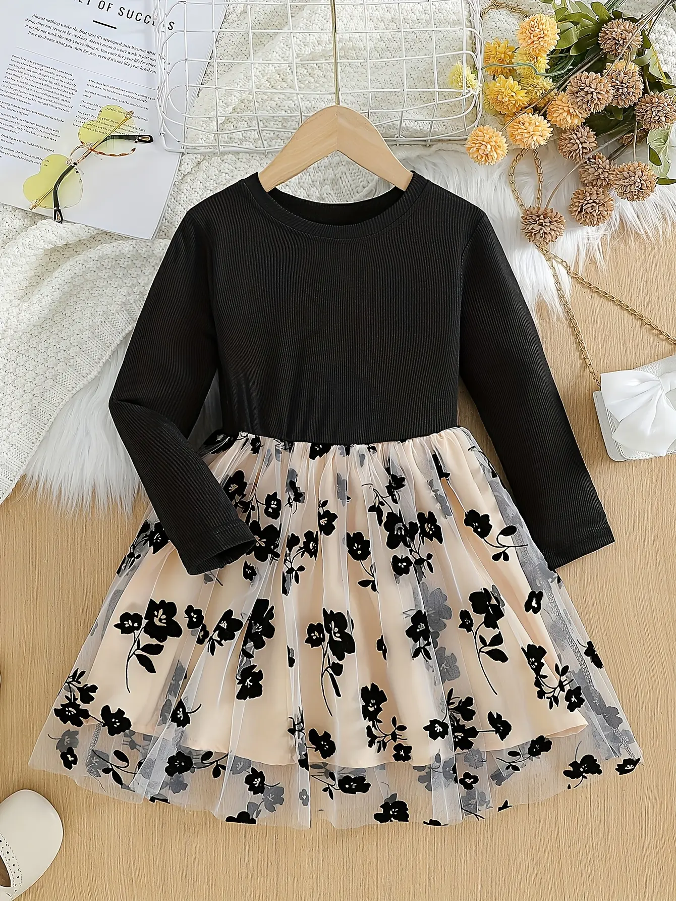 Girls Embroidered Flower Long Sleeve Tulle Dress by LUNORIANA