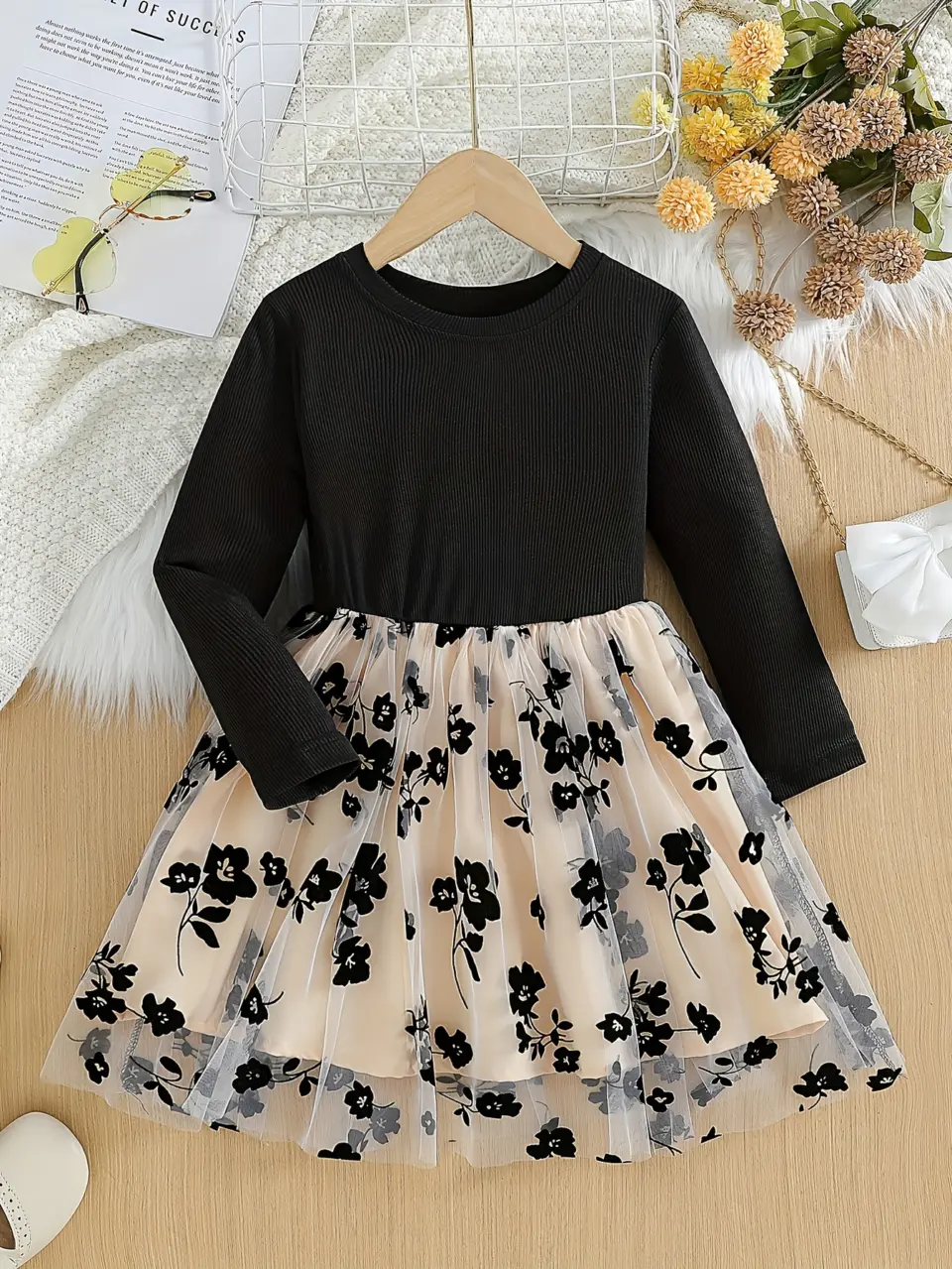 Girls Embroidered Flower Long Sleeve Tulle Dress by LUNORIANA