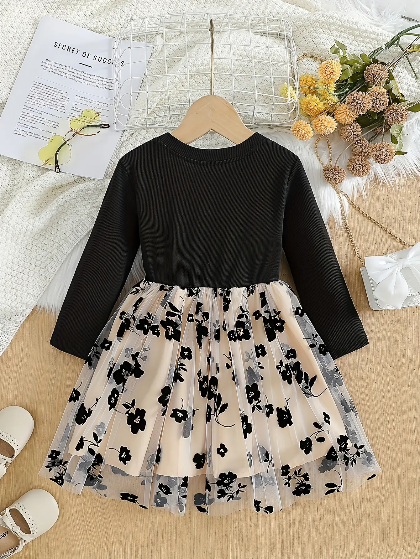 Detail 1 of Girls Embroidered Flower Long Sleeve Tulle Dress by LUNORIANA