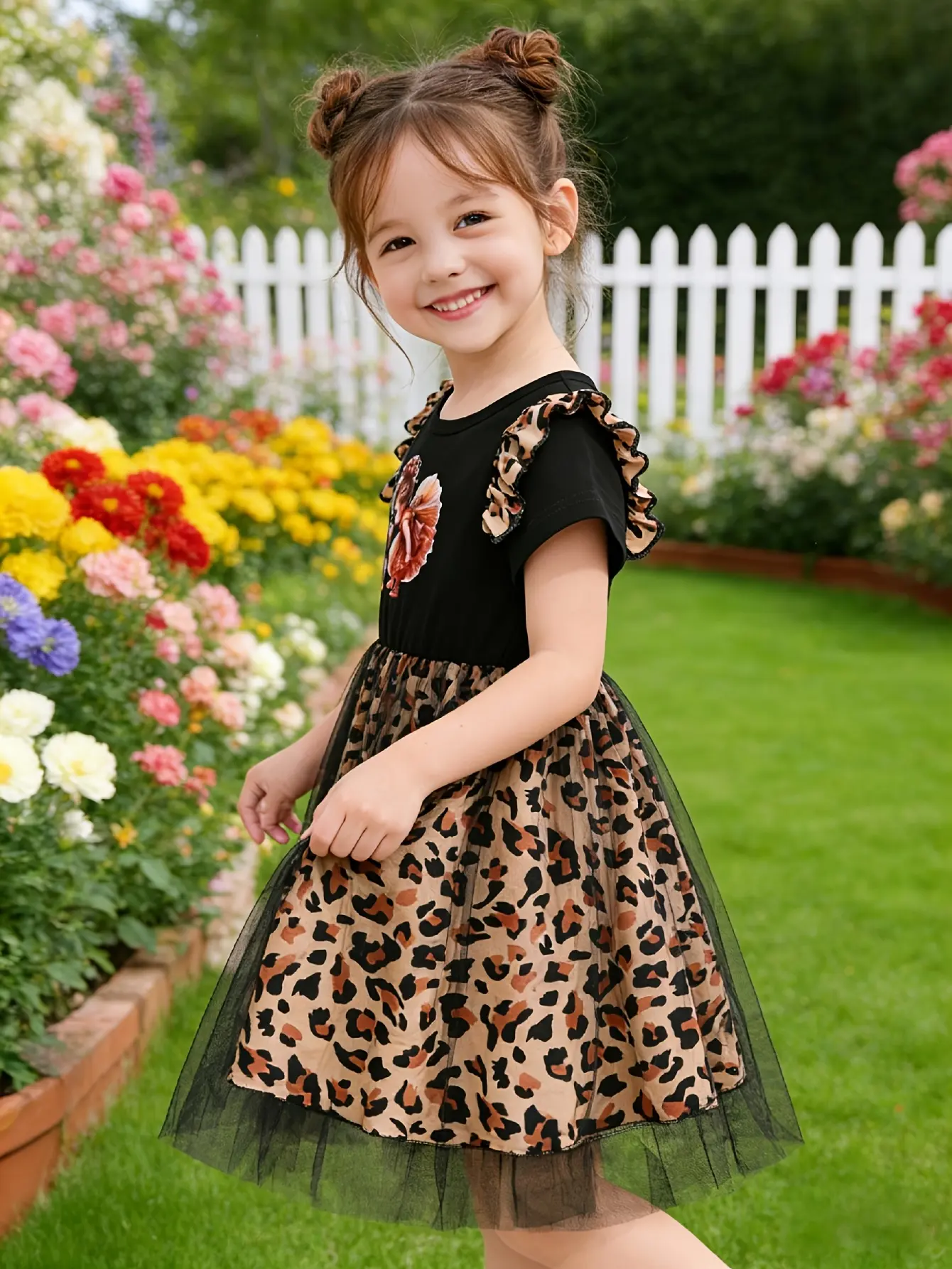 Detail 3 of Girls Leopard Patchwork Graphic Tulle Dress by LUNORIANA
