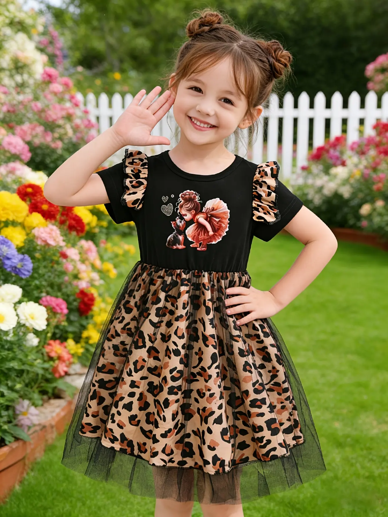 Detail 1 of Girls Leopard Patchwork Graphic Tulle Dress by LUNORIANA