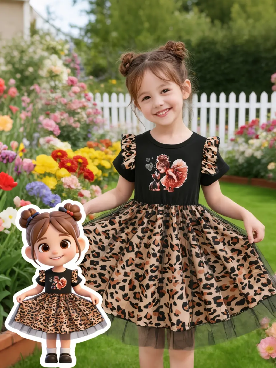 Girls Leopard Patchwork Graphic Tulle Dress by LUNORIANA