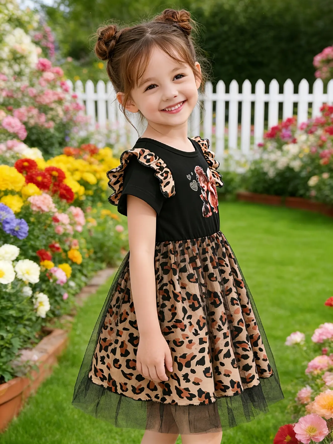 Detail 2 of Girls Leopard Patchwork Graphic Tulle Dress by LUNORIANA