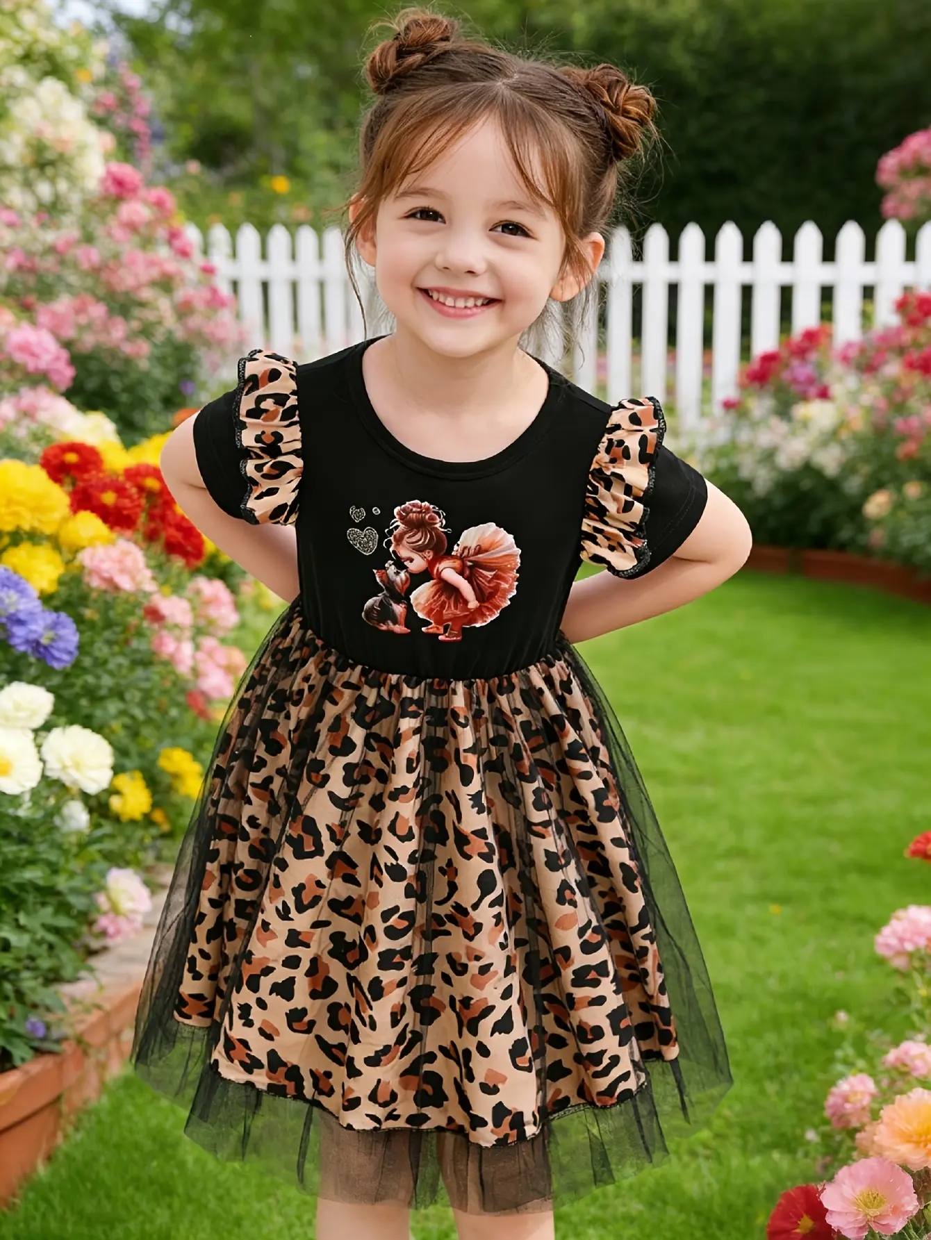 Detail 5 of Girls Leopard Patchwork Graphic Tulle Dress by LUNORIANA