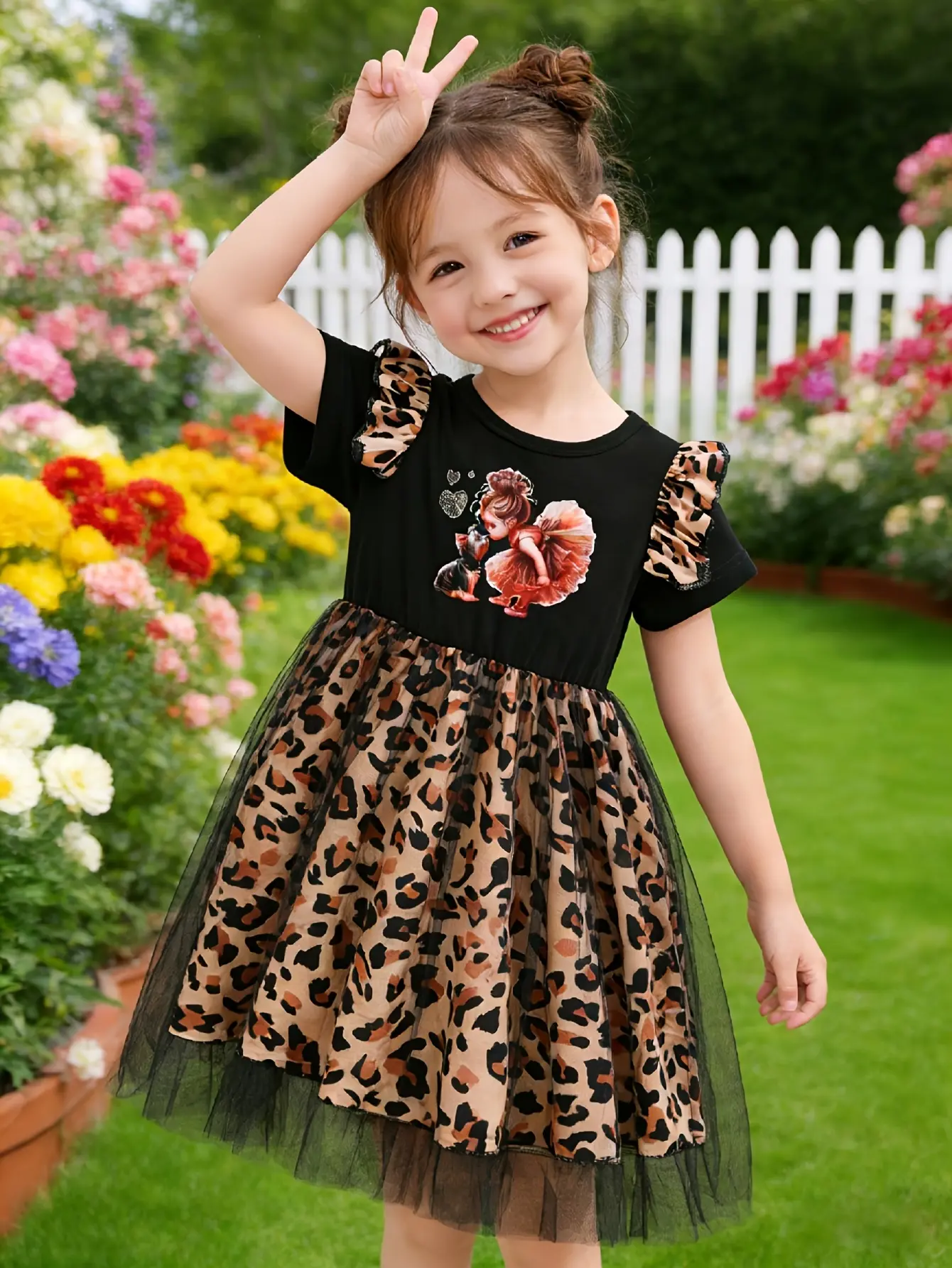 Detail 4 of Girls Leopard Patchwork Graphic Tulle Dress by LUNORIANA