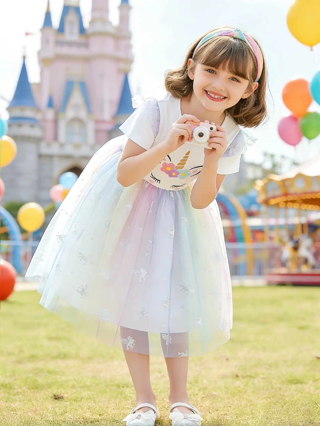 Detail 4 of Girls Unicorn Graphic Flutter Sleeve Tulle Dress by LUNORIANA