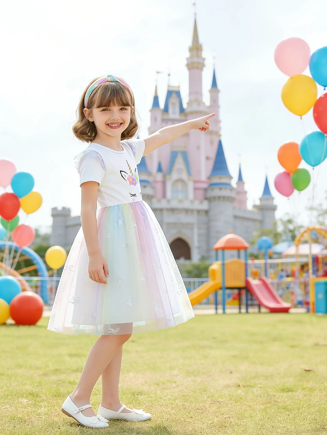 Detail 6 of Girls Unicorn Graphic Flutter Sleeve Tulle Dress by LUNORIANA