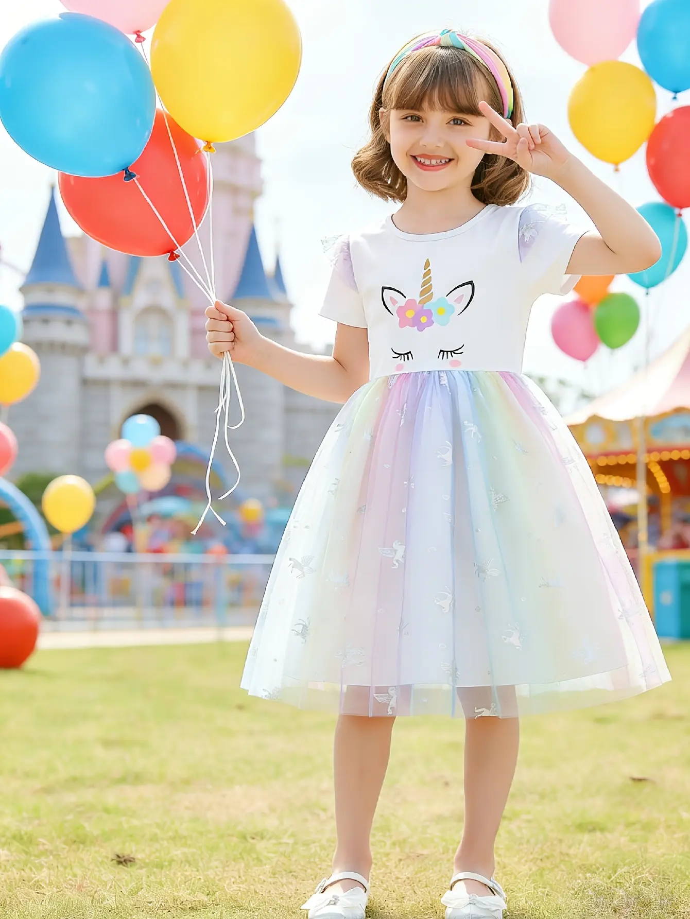 Detail 5 of Girls Unicorn Graphic Flutter Sleeve Tulle Dress by LUNORIANA