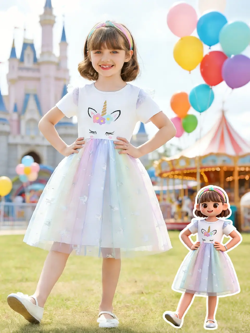Girls Unicorn Graphic Flutter Sleeve Tulle Dress by LUNORIANA