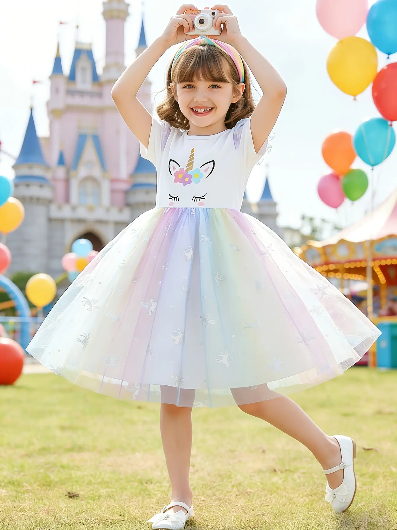 Detail 2 of Girls Unicorn Graphic Flutter Sleeve Tulle Dress by LUNORIANA