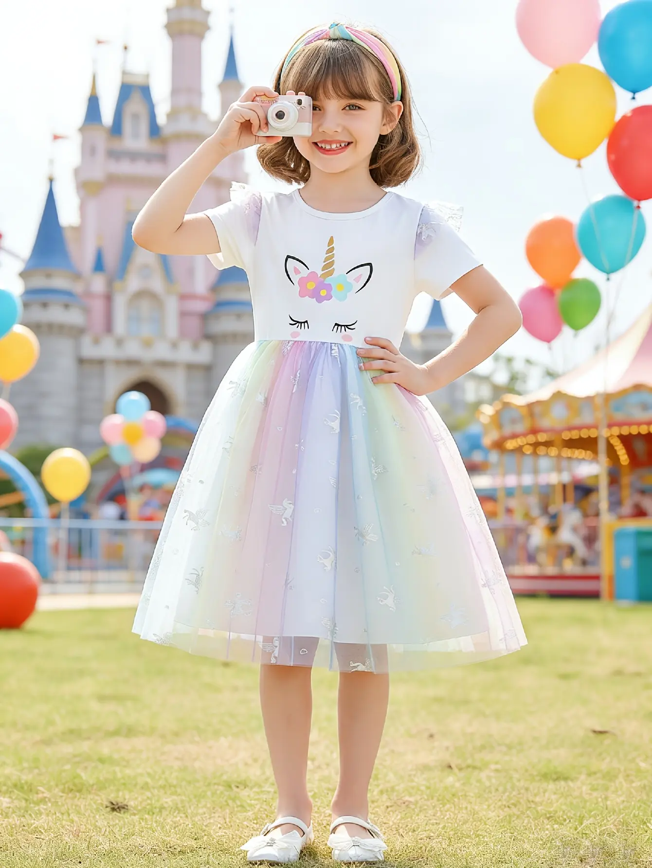 Detail 1 of Girls Unicorn Graphic Flutter Sleeve Tulle Dress by LUNORIANA