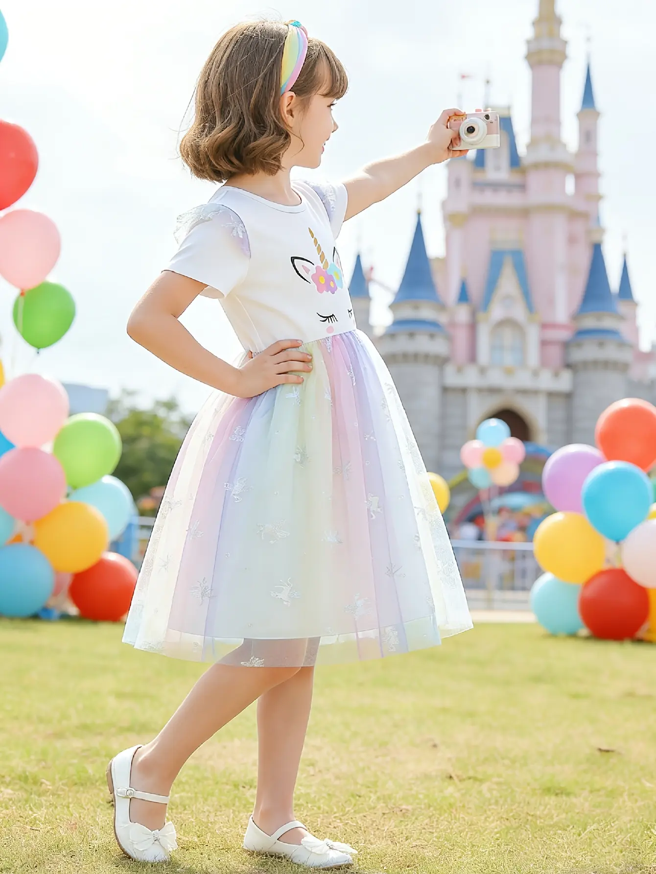 Detail 3 of Girls Unicorn Graphic Flutter Sleeve Tulle Dress by LUNORIANA