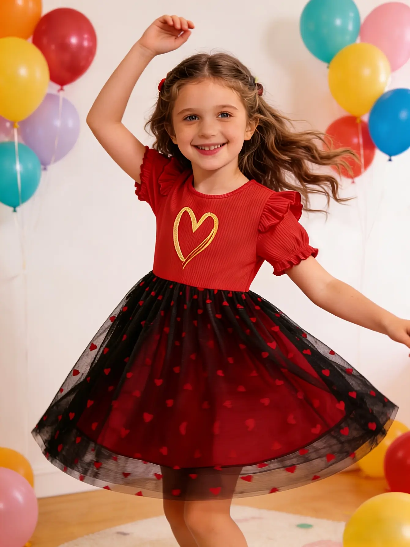 Detail 2 of Girls Red and Black Heart Tulle Princess Dress by LUNORIANA