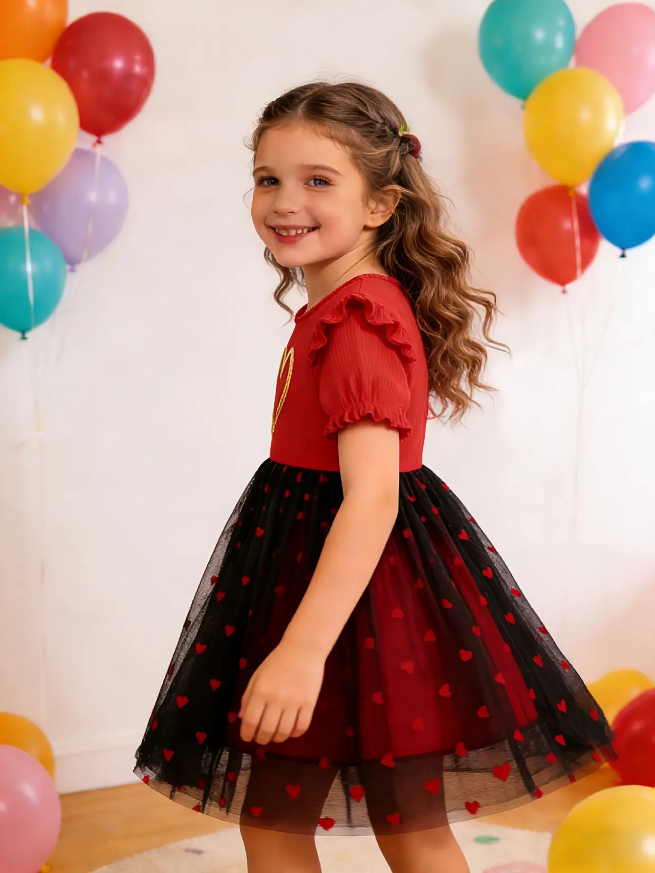 Detail 3 of Girls Red and Black Heart Tulle Princess Dress by LUNORIANA