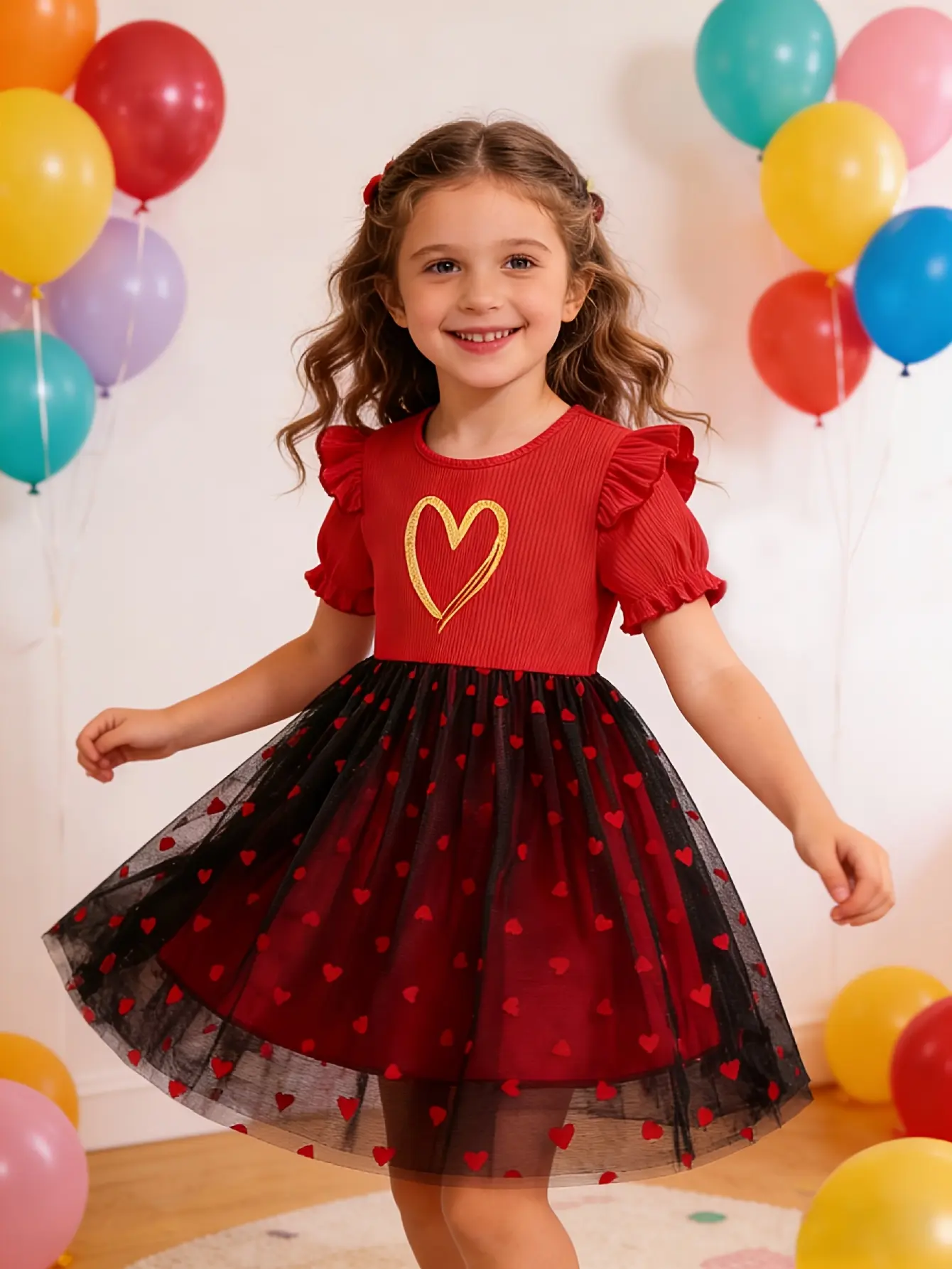 Detail 1 of Girls Red and Black Heart Tulle Princess Dress by LUNORIANA
