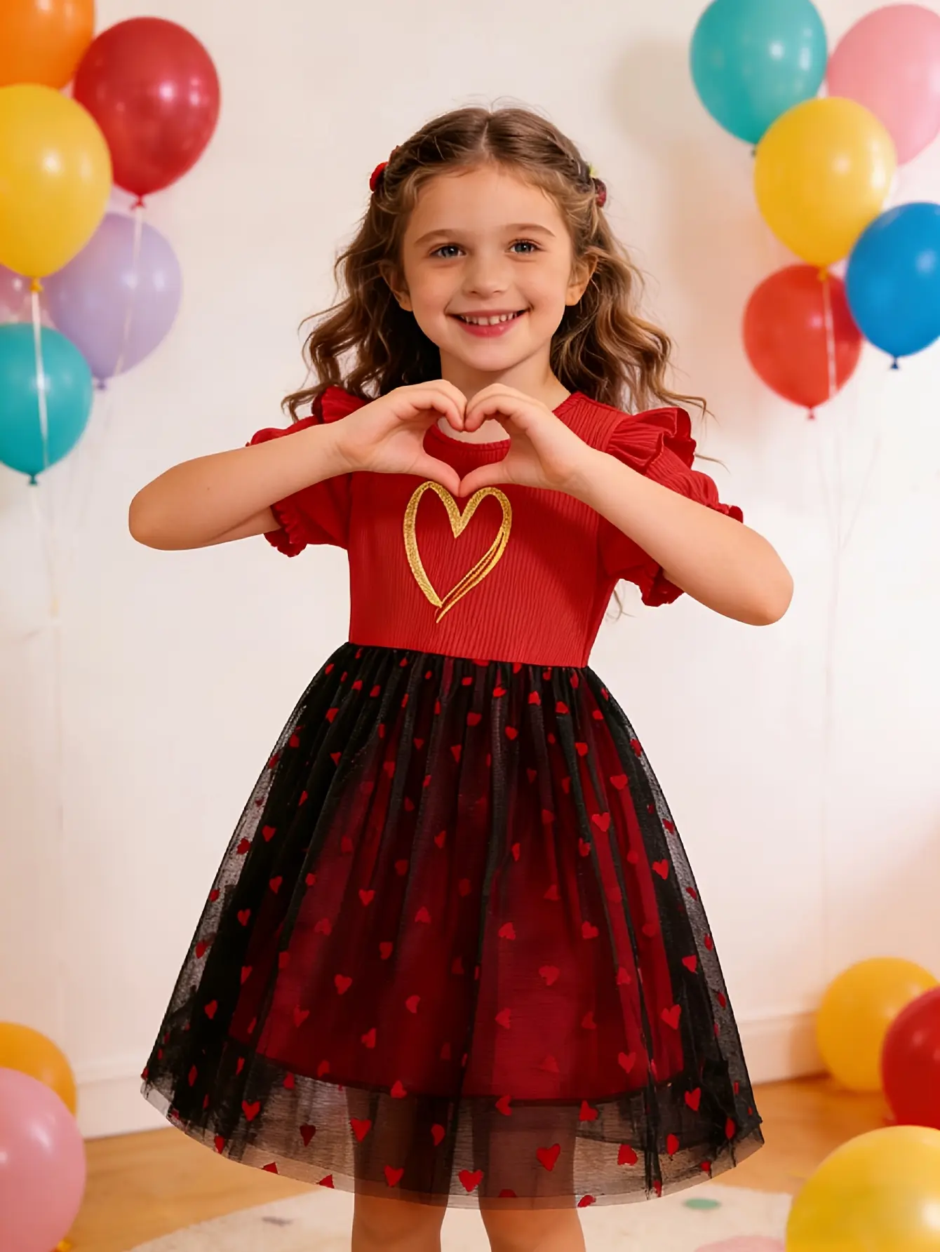 Detail 4 of Girls Red and Black Heart Tulle Princess Dress by LUNORIANA
